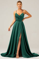 A Line Spaghetti Straps Royal Blue Satin Prom Dress with Slit