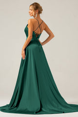 A Line Spaghetti Straps Royal Blue Satin Prom Dress with Slit
