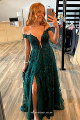 Dark Green Beading Lace Off The Shoulder A-line Prom Dresses, CP0981