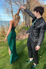 Dark Green Halter Ruffled Satin Sleeveless Long Prom Dress