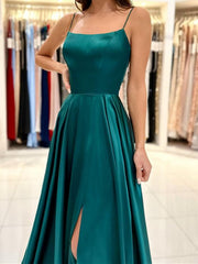 Dark Green Long Backless Prom Dresses, Open Back Dark Green Long Formal Evening Dresses