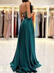 Dark Green Long Backless Prom Dresses, Open Back Dark Green Long Formal Evening Dresses