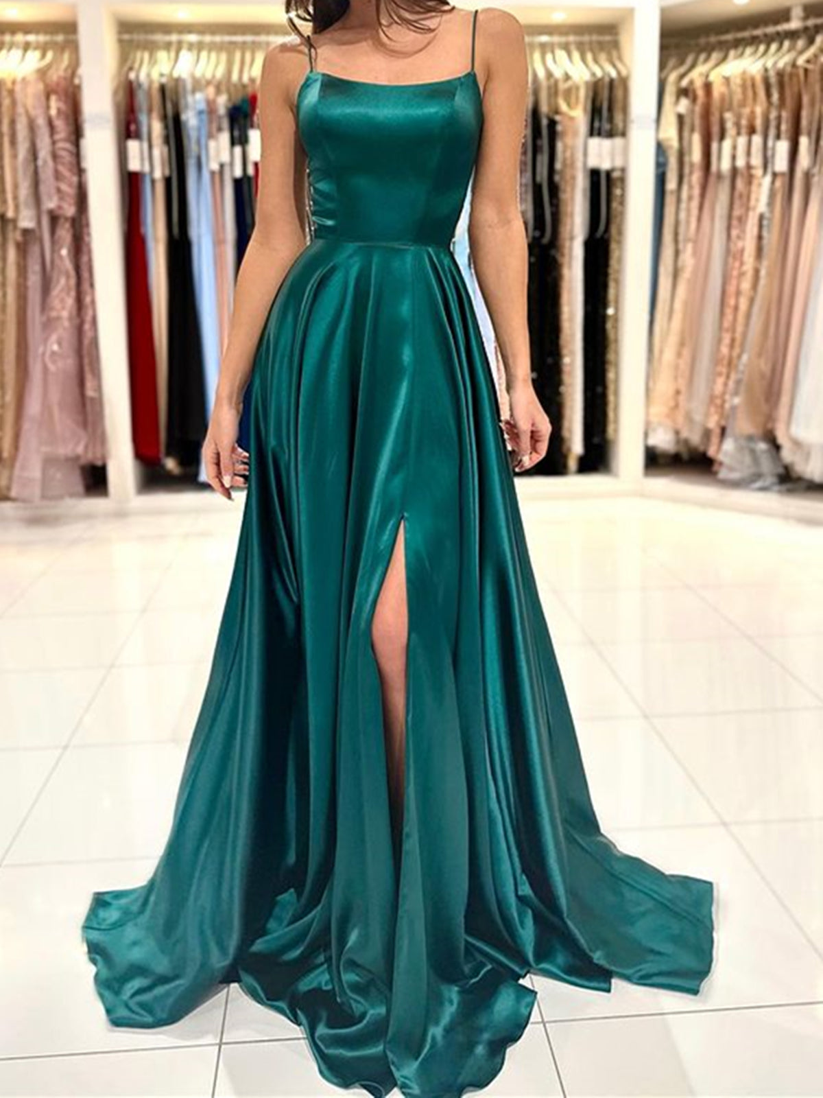 Dark Green Long Backless Prom Dresses, Open Back Dark Green Long Formal Evening Dresses