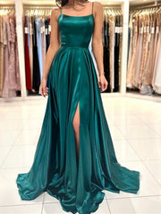 Dark Green Long Backless Prom Dresses, Open Back Dark Green Long Formal Evening Dresses