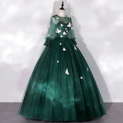Dark Green Long Sleeves Ball Gown Sweet 16 Dresses, Green Tulle Round Neckline Prom Dresses