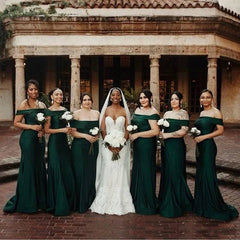 Cheap Dark Green Bridesmaid Dresses Off Shoulder Long Wedding Party Dress