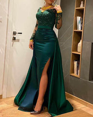 2024 Green Lace Prom Dresses Satin Mermaid V-neck Evening Dresses with Sleeves