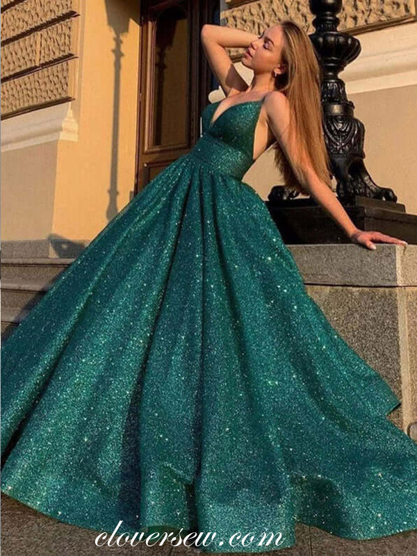 Dark Green Shiny Satin V-neck A-line Elegant Prom Dresses, CP0815