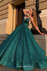 Dark Green Shiny Satin V-neck A-line Elegant Prom Dresses, CP0815