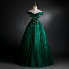 Dark Green Sweetheart Off Shoulder Long Party Dress with Lace Applique, Green Prom Dress