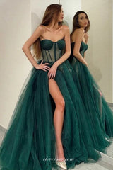Dark Green Tulle Strapless High Slit A-line Prom Dresses, CP0886