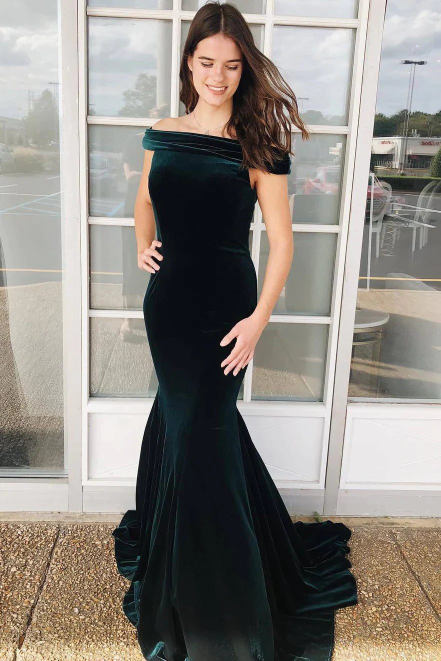 Dark Green Velvet Winter Formal Dress Off the Shoulder Prom Dress 2024