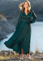 Dark Green Long Sleeved Waist Decoration Formal Bridesmaid Dress