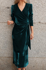Dark Green V Neck Velvet Evening Gown Dress With Long Sleeves