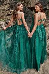 Dark Green A Line Spaghetti Straps Tulle Formal Dress with Slit Sexy Sparkly