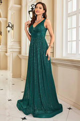 Dark Green A Line V-Neck Sequins Mother of the Bride Dress