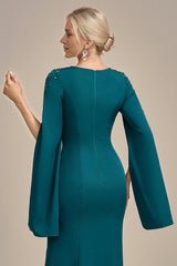 Dark Green Mermaid Round Neck Mother of the Bride Dress With Long Sleeves
