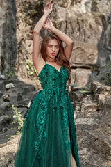 Dark Green A Line Spaghetti Straps Tulle Formal Dress with Slit Sexy Sparkly