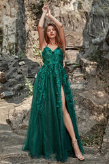 Dark Green A Line Spaghetti Straps Tulle Formal Dress with Slit Sexy Sparkly