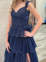 Dark Navy Blue Tulle Prom Dresses, High Low Navy Blue Tulle Formal Graduation Dresses
