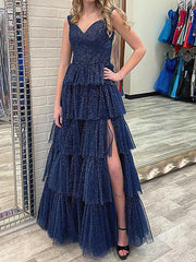 Dark Navy Blue Tulle Prom Dresses, High Low Navy Blue Tulle Formal Graduation Dresses