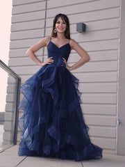 Dark Navy Blue V Neck Prom Dresses, Dar Navy Blue Long Formal Graduation Dresses