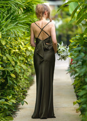 Dark Olive Spaghetti Strap Floor Length Formal Bridesmaid Ball Dress