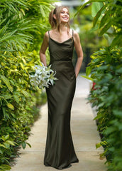 Dark Olive Spaghetti Strap Floor Length Formal Bridesmaid Ball Dress