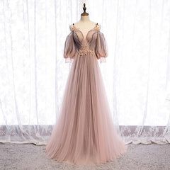 Dark Pink Tulle V-neckline Straps Floor Length Party Dresses, Pink Tulle Formal Dresses 2022