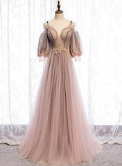 Dark Pink Tulle V-neckline Straps Floor Length Party Dresses, Pink Tulle Formal Dresses 2022