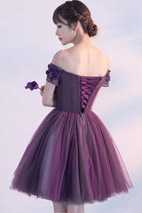 Dark Purple Off-shoulder Tulle Short Prom Dresses Homecoming Dresses HD0152