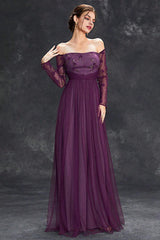 Tulle Off The Shoulder Dark Purple Mother of the Bride Dresseswith Sleeves