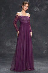 Tulle Off The Shoulder Dark Purple Mother of the Bride Dresseswith Sleeves