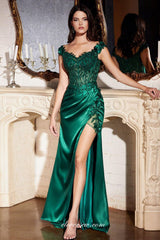 Dark Red Beaded Applique Off The Shoulder Sheath High Slit Formal Dresses, CP0903