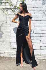 Dark Red Beaded Applique Off The Shoulder Sheath High Slit Formal Dresses, CP0903