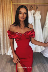 Dark Red Beading Neckline Pleating Off The Shoulder Sheath Formal Dresses, CP0974