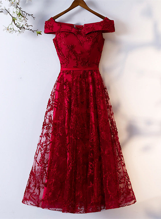 Dark Red Lace Off Shoulder Short Party Dress Formal Dress, Wine Red Homecoming Dresses