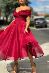 Dark Red Organza Off The Shoulder Elegant Tea Length Prom Dresses, CP0721