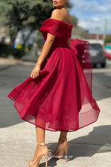 Dark Red Organza Off The Shoulder Elegant Tea Length Prom Dresses, CP0721