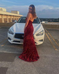 2024 Dark Red Sequin Formal Dresses Long Mermaid Prom Dress Sweetheart with Slit