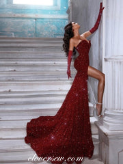 Dark Red Sequined Tulle Strapless Mermaid With High Slit Formal Dresses, CP1000
