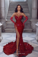 Dark Red Sequined Tulle Strapless Mermaid With High Slit Formal Dresses, CP1000