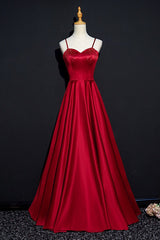 Dark Red Straps Beaded Sweetheart Satin Long Party Dress, Wine Red Prom Dresses