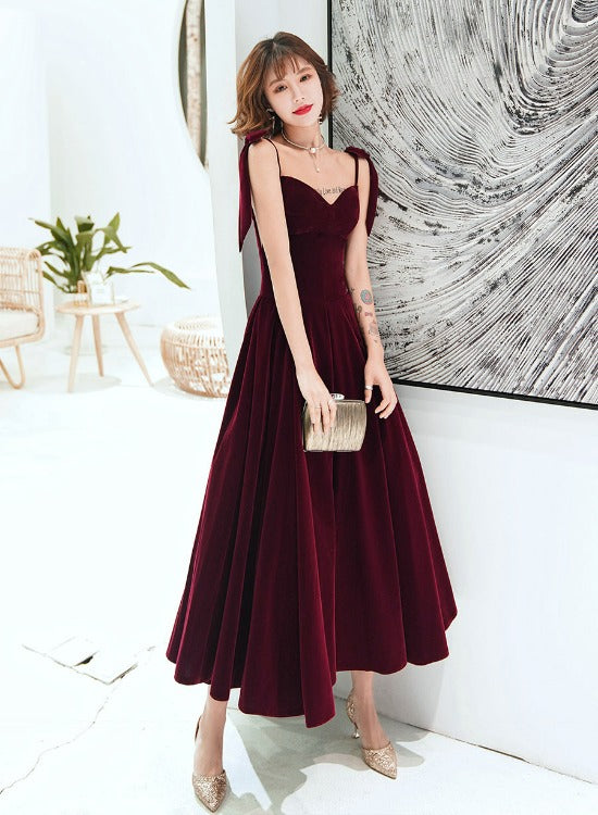 Dark Red Straps Velvet Elegant Tea Length Bridesmaid Dress, Burgundy Prom Dress Party Dress