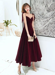 Dark Red Straps Velvet Elegant Tea Length Bridesmaid Dress, Burgundy Prom Dress Party Dress