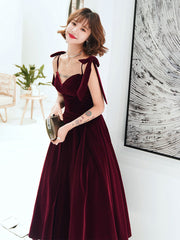 Dark Red Straps Velvet Elegant Tea Length Bridesmaid Dress, Burgundy Prom Dress Party Dress