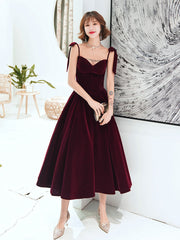 Dark Red Straps Velvet Elegant Tea Length Bridesmaid Dress, Burgundy Prom Dress Party Dress