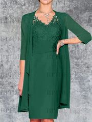 Two Piece Ruffle Chiffon Mother of the Bride Outfit Lace Short Wedding Guest Dress