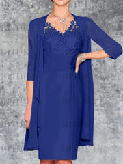 Two Piece Ruffle Chiffon Mother of the Bride Outfit Lace Short Wedding Guest Dress