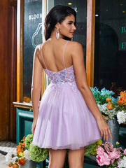 Spaghetti Straps Applique Tulle A-line Mini Dress Lilac